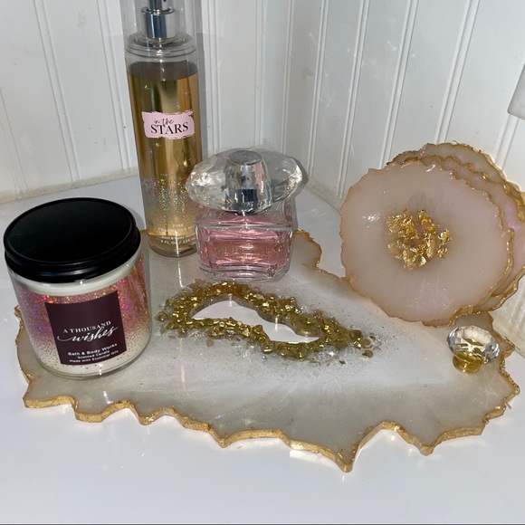 HANDMADE RESIN GEODE AGATE TRAY & COASTER SET HOLOGRAPHIC PINK AND GOLD - Picture 5 of 12